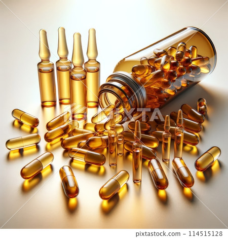 Omega-3 capsules spilling from bottle glass ampoules glossy surface, emphasizing health supplements 114515128