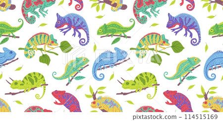 Vector seamless pattern with chameleons sitting on a tree branch on a white background 114515169