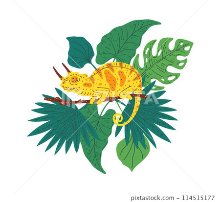 Cute small spotted yellow orange chameleon with horns on branch with tropical leaves, vector cartoon exotic lizard guana 114515177