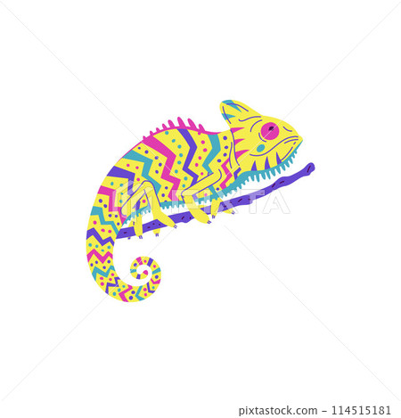 Vector illustration of a chameleon with a beautiful color in neon colors sitting on a branch. Vector illustration of a chameleon with a beautiful color in neon colors sitting on a branch. 114515181