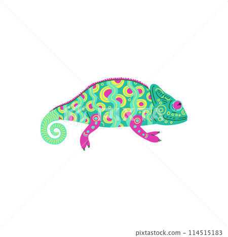 Charming vector illustration in flat chameleon style with an unusual neon pattern on the body Charming vector illustration in flat chameleon style with an unusual neon pattern on the body 114515183