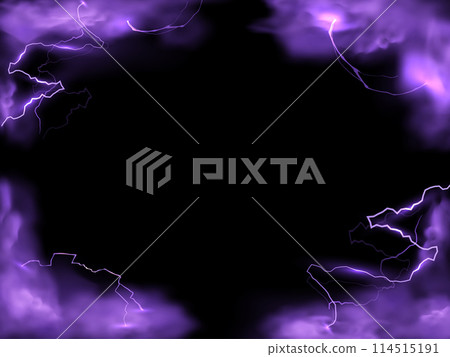 Purple smoke effect and lightning strikes frame background, storm clouds, magical energy flash with fog border design 114515191