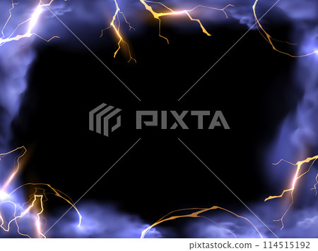 Blue smoke effect and orange lightning strikes frame background, storm cloud magical energy flash with fog border design 114515192