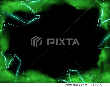 Green lightning strikes and smoke effect frame background, storm clouds, magical energy flash with fog border design 114515195