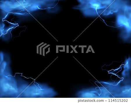 Blue lightning strikes and smoke effect frame background, storm clouds, magical energy flash with fog border design 114515202