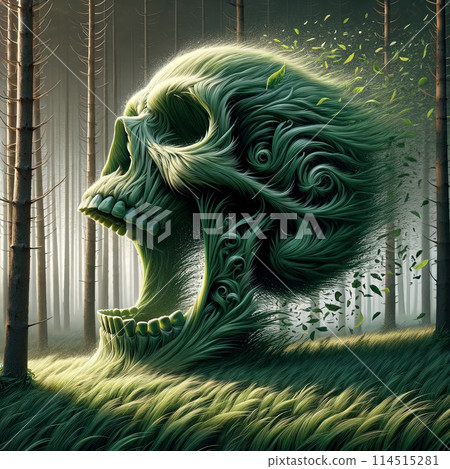 Artistic illustration of green skull with forest sunlight background. Digital art concept, death Artistic illustration of green skull with forest sunlight background. Digital art concept, death 114515281