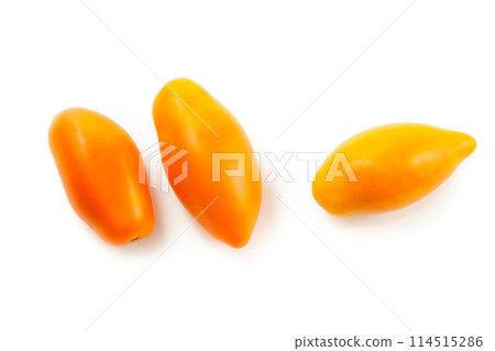 Three yellow tomatoes isolated on white background with clipping path. . 114515286