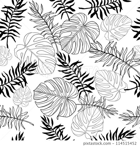 Black and white monstera and palm leaves seamless pattern for textile or wallpapers. Vector tropical leaves background Black and white monstera and palm leaves seamless pattern for textile or wallpapers. Vector tropical leaves background 114515452