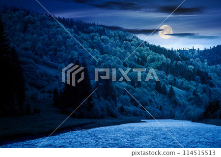 mountainous landscape with river at night. scenery with forest on the hill and trees on the grassy shore in full moon light mountainous landscape with river at night. scenery with forest on the hill and trees on the grassy shore in full moon light 114515513