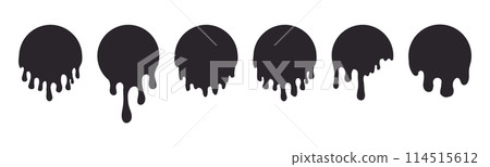 Melt drip circle silhouette paint round splash with drops, liquid shape, stain isolated on white background. Collection of Flowing fluid, slime or cream. 114515612