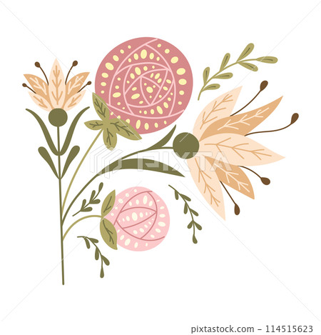Abstract floral asymmetrical composition in folk fantasy style. Vector flat hand drawn illustration in muted colors and boho style isolated on white background. Ideal for home decor or printout 114515623