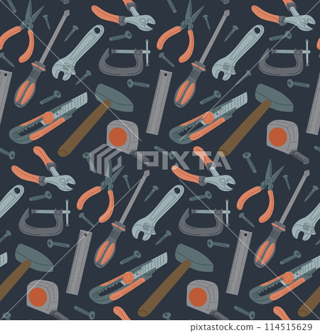 Seamless pattern with flat repairing tools on dark background. Sustainability and upgrade concept. Vector hand drawn elements in cartoon style 114515629