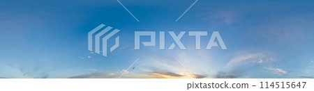 360 panorama of glowing sunset sky with bright pink Cumulus clouds. HDR 360 seamless spherical panorama. Full zenith or sky dome sky replacement for aerial drone panoramas. Climate and weather change. 360 panorama of glowing sunset sky with bright pink Cumulus clouds. HDR 360 seamless spherical panorama. Full zenith or sky dome sky replacement for aerial drone panoramas. Climate and weather change. 114515647