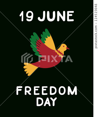 Juneteenth celebrating poster with pigeon traditional colors and text Freedom day. Vector flat hand drawn elements with text Freedom Day on black background. Vertical placard, banner for social media Juneteenth celebrating poster with pigeon traditional colors and text Freedom day. Vector flat hand drawn elements with text Freedom Day on black background. Vertical placard, banner for social media 114515648