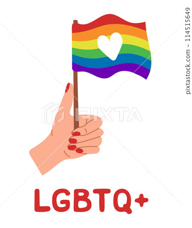 Pride month poster with hand and LGBTQ rainbow flag. Vector flat hand drawn elements isolated on white background. Peaceful and equality concept Pride month poster with hand and LGBTQ rainbow flag. Vector flat hand drawn elements isolated on white background. Peaceful and equality concept 114515649