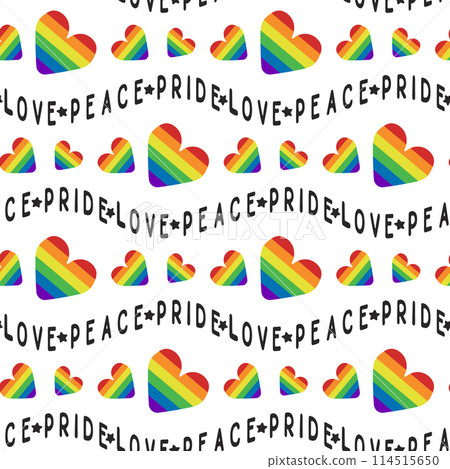 Seamless pattern with lgbtq community symbols and curved text Love, pride, peace. Vector hearts in rainbow colors isolated on white background. Peaceful and equality concept for Pride month 114515650