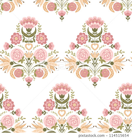 Muted seamless pattern with abstract symmetrical floral composition in folk style. Botanical fantasy flat illustration in boho style for wedding. Print design for textile or wallpaper 114515654