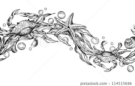 Blue crabs, wave-shaped seaweed with starfish and water bubbles. Graphic illustration hand drawn in black ink. Seamless pattern border EPS vector. Blue crabs, wave-shaped seaweed with starfish and water bubbles. Graphic illustration hand drawn in black ink. Seamless pattern border EPS vector. 114515686