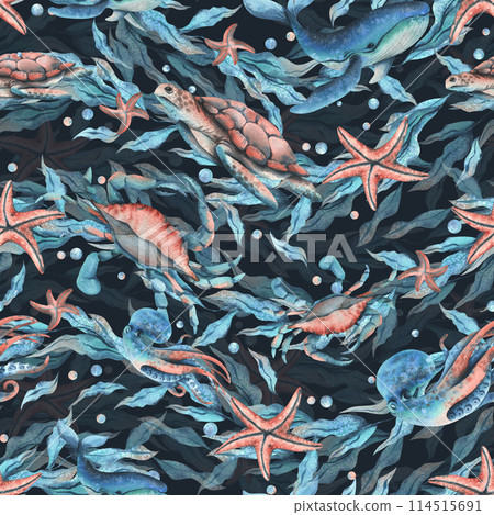 Octopuses, turtles, whales, jellyfish, seaweed in the shape of a wave with starfish and water bubbles. Watercolor illustration hand drawn in turquoise and coral colors. Seamless pattern 114515691