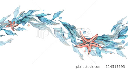 Seaweed in the shape of a wave with starfish and water bubbles. Watercolor illustration hand drawn in turquoise and coral colors. Seamless border, pattern isolated from the background. Seaweed in the shape of a wave with starfish and water bubbles. Watercolor illustration hand drawn in turquoise and coral colors. Seamless border, pattern isolated from the background. 114515693