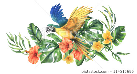 Tropical palm leaves, monstera and flowers of plumeria, hibiscus, bright juicy with blue-yellow macaw parrot. Hand drawn watercolor botanical illustration. Composition isolated from the background 114515696