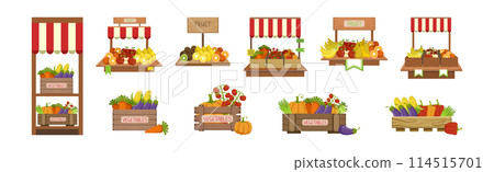 Market Stall with Ripe Fruit and Vegetables Crop Vector Set Market Stall with Ripe Fruit and Vegetables Crop Vector Set 114515701