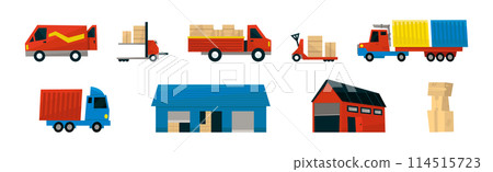 Warehouse and Logistic Service with Building, Truck and Cardboard Box Vector Set 114515723