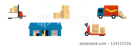 Warehouse and Logistic Service with Forklift, Cardboard Box and Truck Vector Set Warehouse and Logistic Service with Forklift, Cardboard Box and Truck Vector Set 114515726