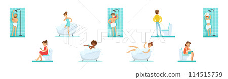 People Character In Bathroom Have Routine Hygiene Procedure Vector Set People Character In Bathroom Have Routine Hygiene Procedure Vector Set 114515759