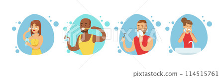 People Character In Bathroom Have Routine Hygiene Procedure Vector Set 114515761