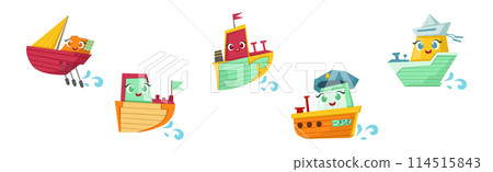 Colorful Wooden Ship Sail with Cute Faces Vector Set 114515843
