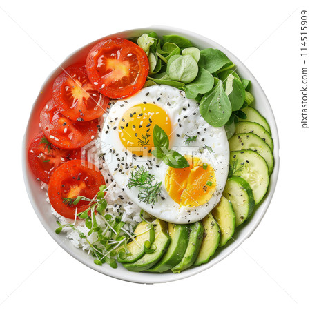 Plate of Food With Eggs, Avocado, Tomatoes, and Spinach 114515909