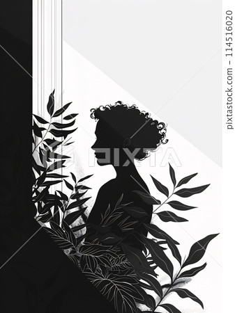 Silhouette of a Young Woman with Tropical Plants in Monochrome Style 114516020