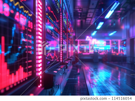 Advanced Technology in Stock Exchange: Futuristic Trading Floor with Vivid Displays 114516054