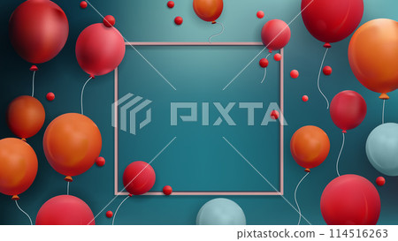 A blue background with a red frame and lots of red and orange balloons A blue background with a red frame and lots of red and orange balloons 114516263