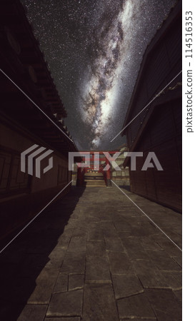 Dark Alley Leading to Building Under Starry Sky Dark Alley Leading to Building Under Starry Sky 114516353