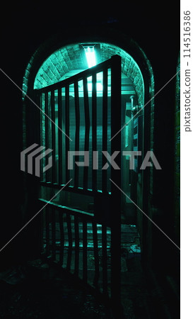 Dark Tunnel With Wooden Gate and Light at End Dark Tunnel With Wooden Gate and Light at End 114516386
