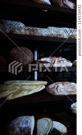 Assorted Breads Displayed on Old Bakery Shelf Assorted Breads Displayed on Old Bakery Shelf 114516432