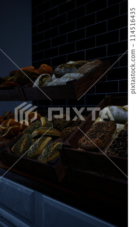 Assorted Bread Varieties on Old Bakery Counter 114516435