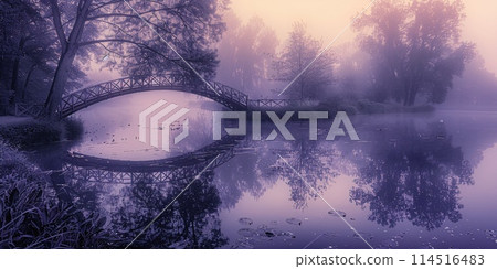Misty Morning at a Serene Lake with a Charming Arched Bridge 114516483