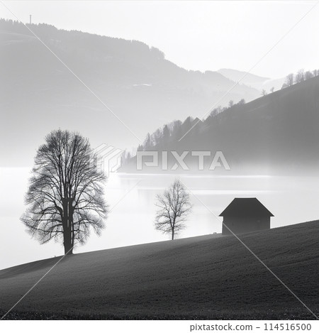 Misty Morning at the Lake: Solitary Tree and Cabin in a Peaceful Setting 114516500