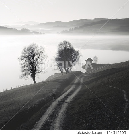 Title: Solitary Walker on a Misty Rural Path by a Small Shelter at Dawn Title: Solitary Walker on a Misty Rural Path by a Small Shelter at Dawn 114516505