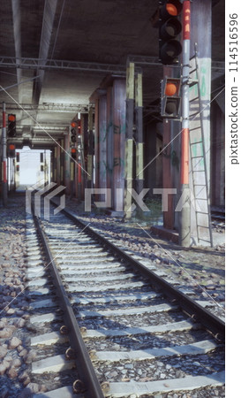 Train Track at Train Station With Traffic Light 114516596
