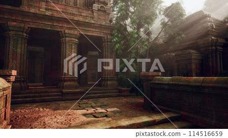 Ancient Temple Ruins Embedded in Dense Forest 114516659