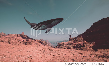 Whale Soaring Over Mars-Like Terrain 114516679
