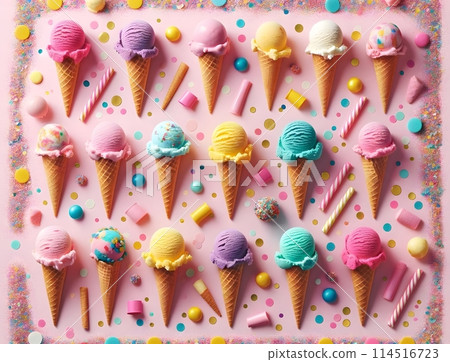 色彩鮮豔的冰淇淋和糖果的迷人排列 色彩鮮豔的冰淇淋和糖果的迷人排列 114516723
