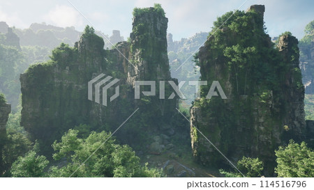 A serene and secluded rock formation in the heart of a lush forest 114516796