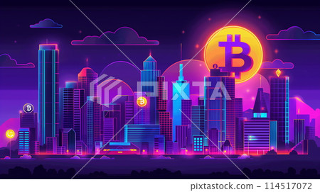 Futuristic Cityscape With Bitcoin Emblems at Night 114517072