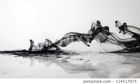 Graceful Black Ink Swirls Unfurling Across a White Backdrop With Reflection 114517075