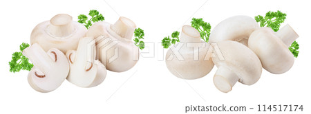 Fresh mushrooms champignon and half isolated on white background  114517174